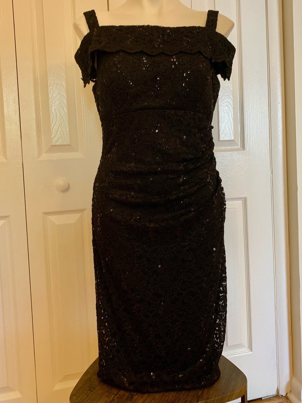 R&M Richards Black Lace Off-Shoulder Sequin Midi Dress